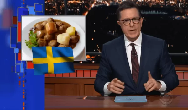 Bild på talkshowvärden Stephen Colbert med en infälld bild av en tallrik med köttbullar