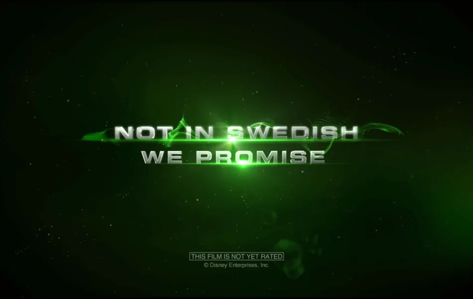 Grön text "Not in Swedish, we promise" på svart bakgrund