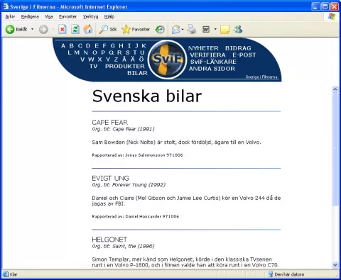 Skärmdump från webbplatsen SviF, cirka 1998.