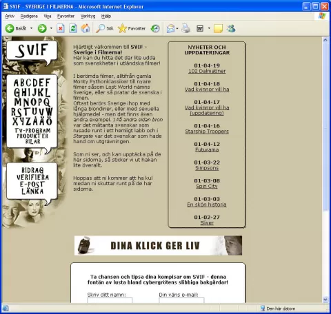 Skärmdump från webbplatsen SviF, cirka 2000.