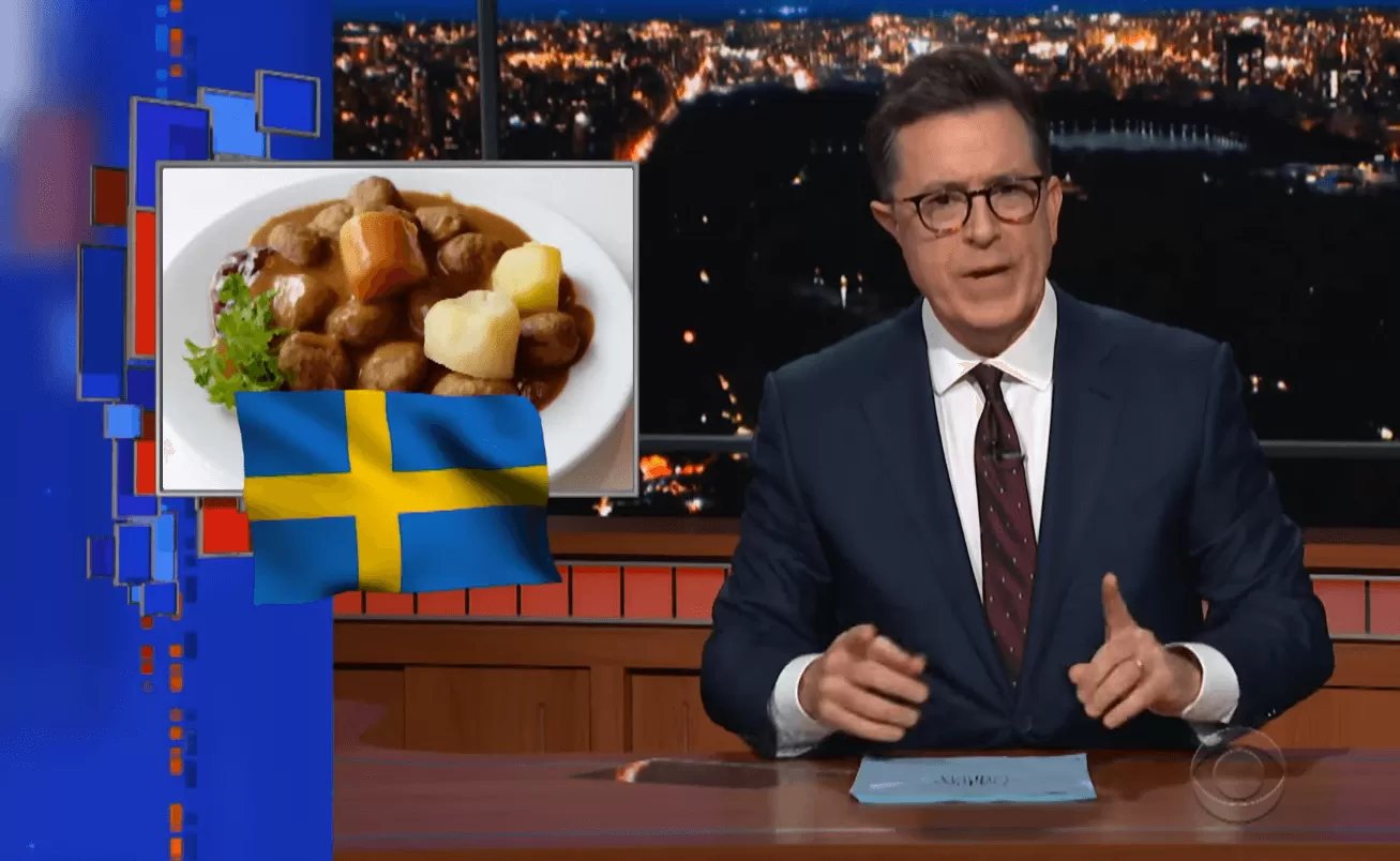 Bild på talkshowvärden Stephen Colbert med en infälld bild av en tallrik med köttbullar