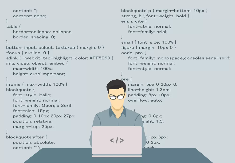 Illustration med en kodare som sitter framför en bakgrund med kod